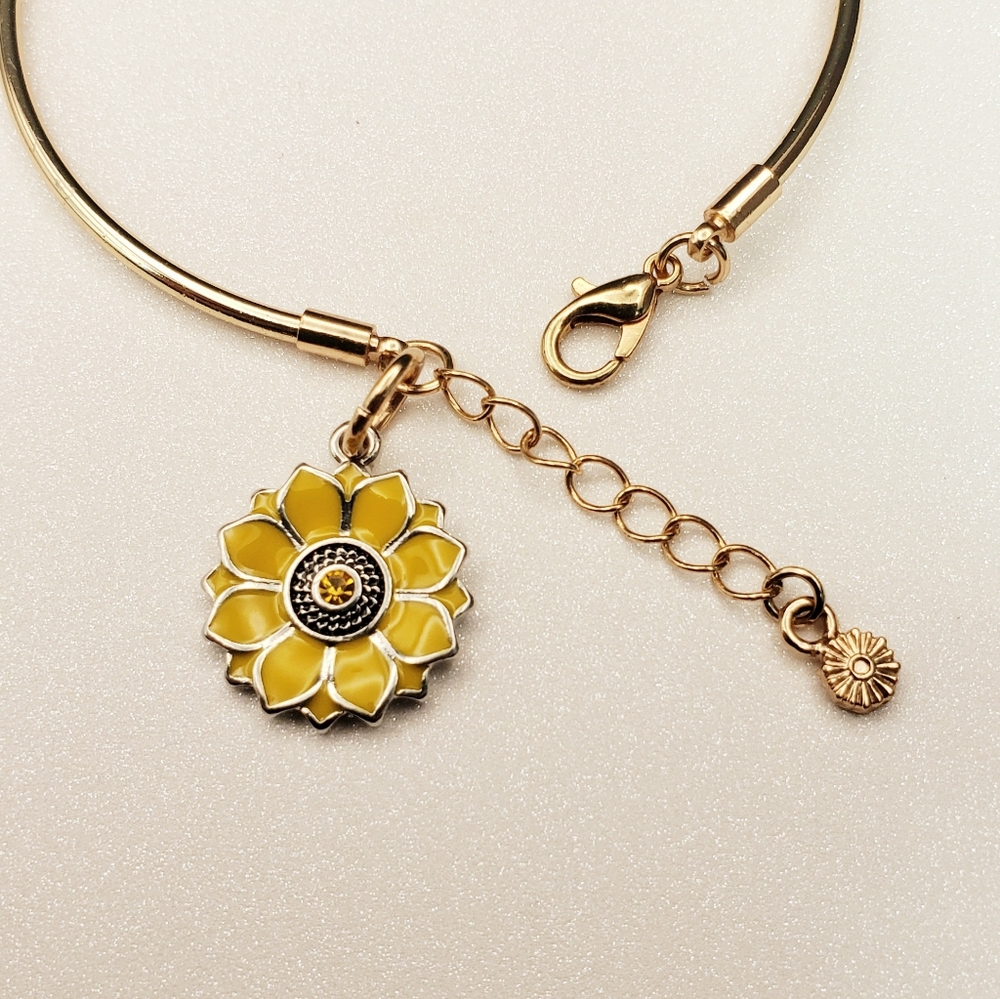 Sunflower Rhinestone Charm Bangle Bracelet Cuff Adjustable - Picture 5 of 10